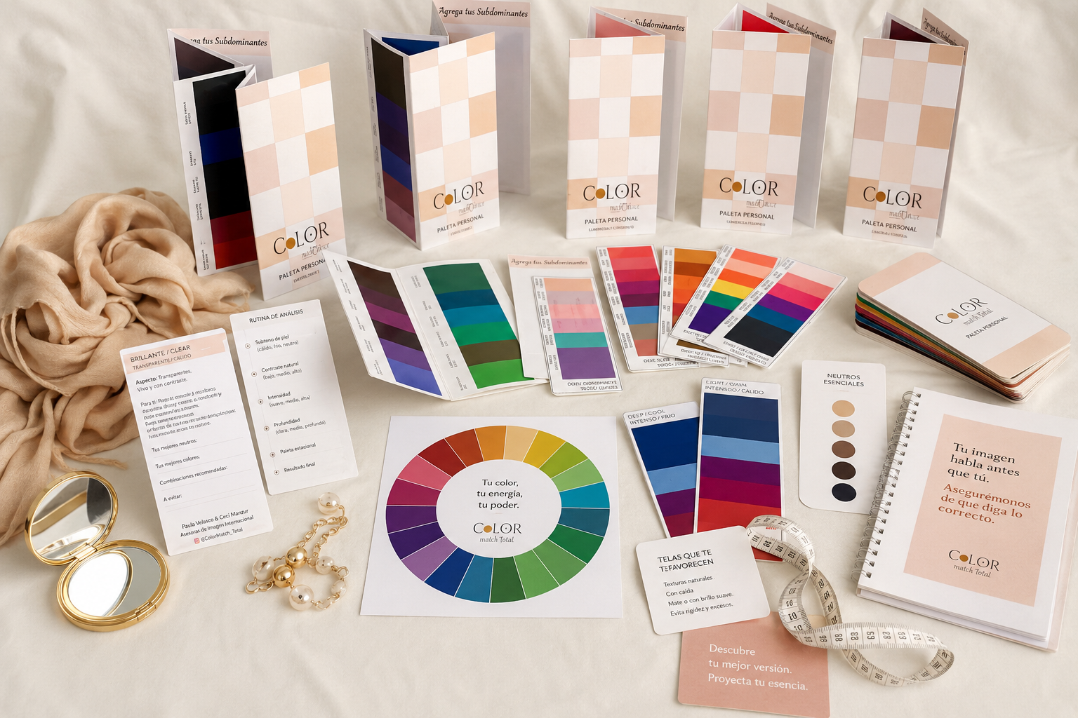 Materiales de la sesión ColorMatch & GO: paleta de color, telas y cuadernillo personalizado